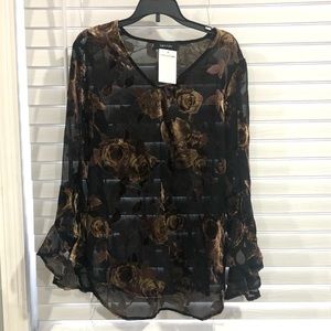 Karen Kane V- Neck Floral Top With Bell Sleeves